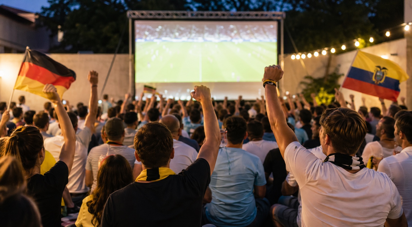 Menschen jubeln bei einem Public Viewing vor einer großen Leinwand